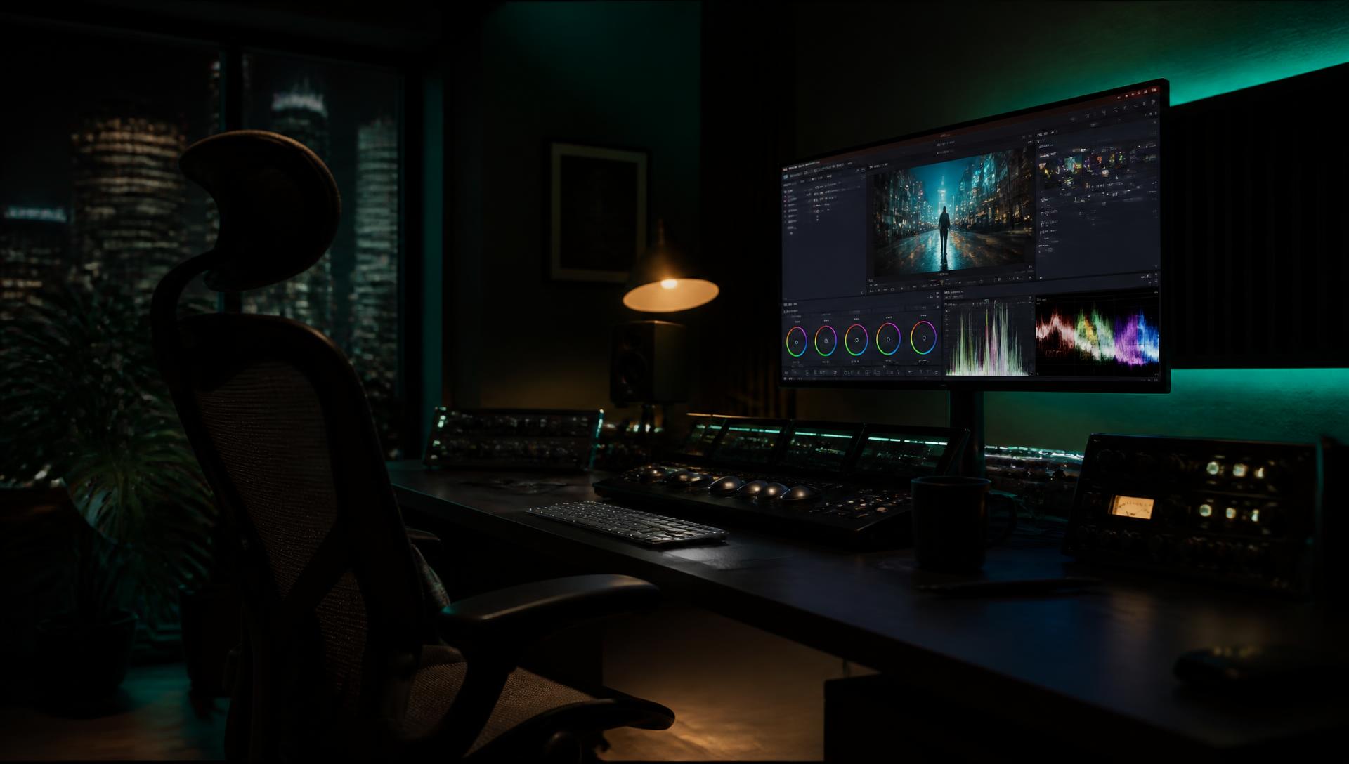 Colourist grading footage in a dark cinematic editing suite